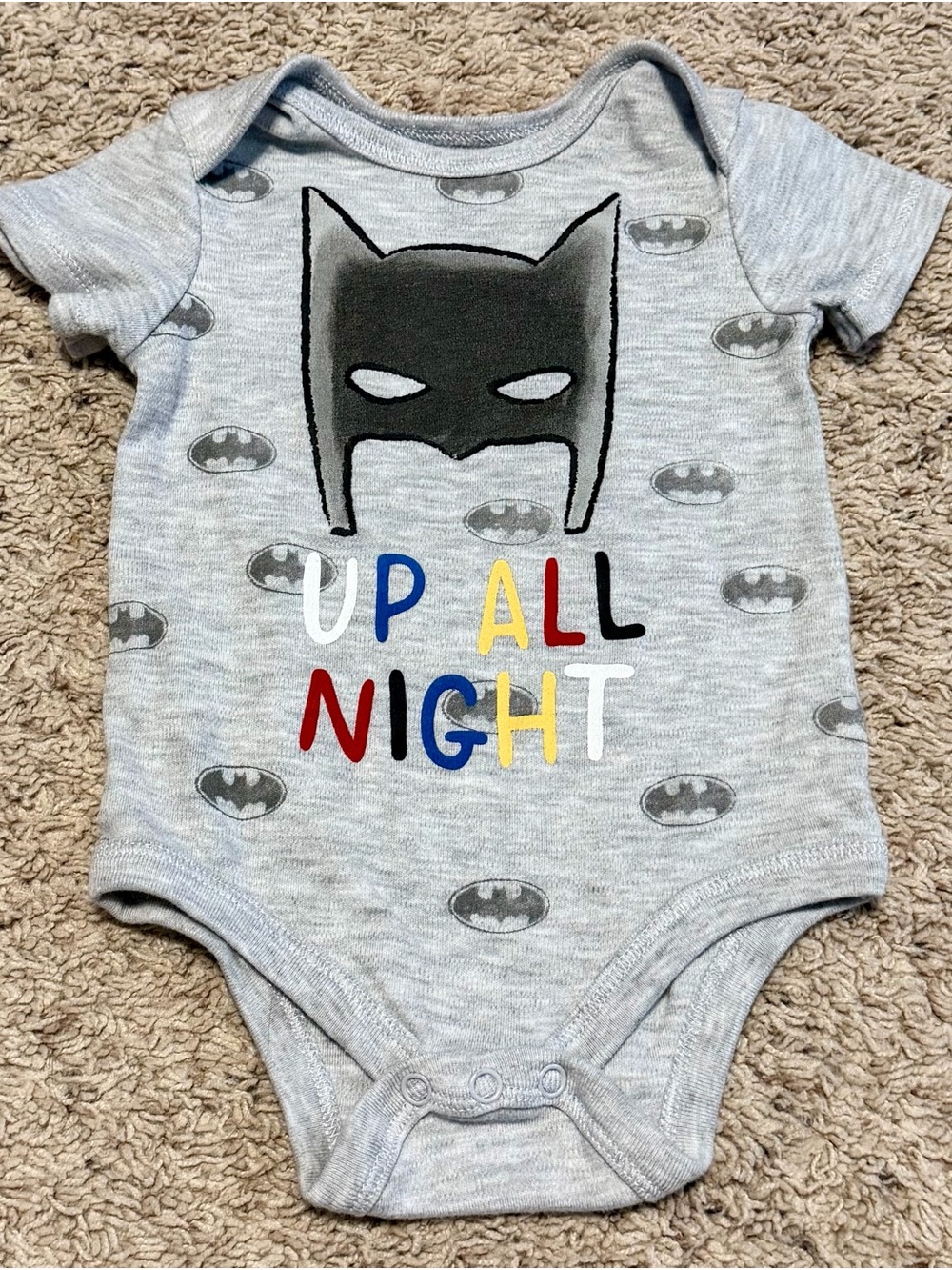 DC Gray Batman Mask 'Up All Night' Graphic One-Piece Bodysuit